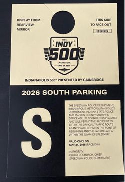 Indy 500 Parking Pass Allison Transmission Lot
