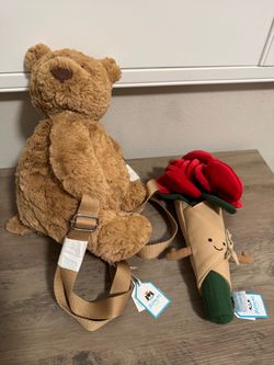 Jellycat Bartholomew Bear backpack & Amuseables Rose Bouquet