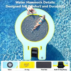 #R4 8' Round Inflatable Floating Dock with Dog Ramp, Floating Hoop, Pool Tanning Hammock with 4in Woven Fabric, Manual Pump for 1-2 Min Fast Inflation