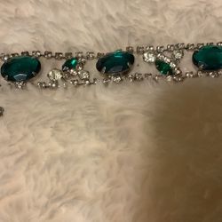 Silver Tone Bracelet With Emerald And Clear Rhinestones 
