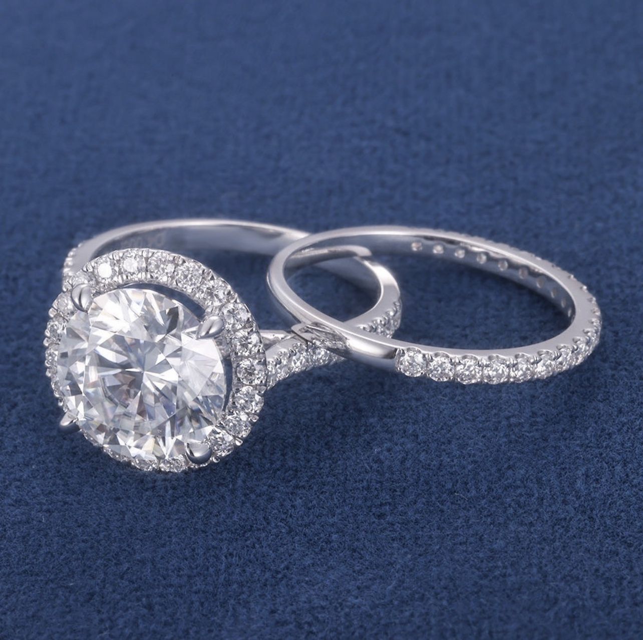 β
4CT Certified Round Cut Moissanite 14K White Gold Over Engagement Halo Bridal Ring Sets Size 6.5