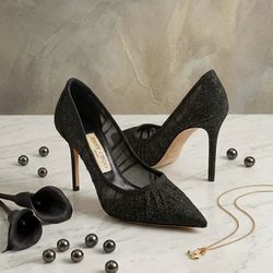 Jimmy Choo "Romy" Black Glitter & Mesh Pumps