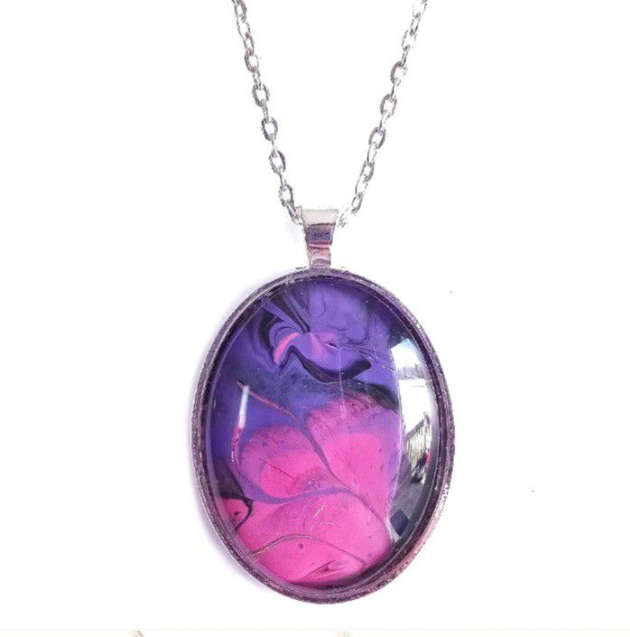 Pink purple and black acrylic paint pour pendant on 22" silver necklace new