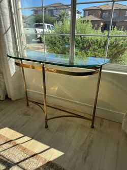 Brass side table /  evened glass top console  entry sofa table 39.5” wide by 13” deep by 27.5” tall