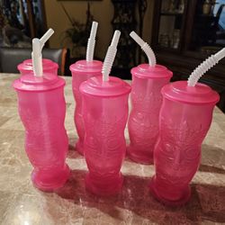 Set Of 6 Pink Plastic Tiki Bottles