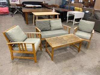 PATIOJOY Outdoor Wooden Garden Party Set with Sage Green Cushions (Set of 4)