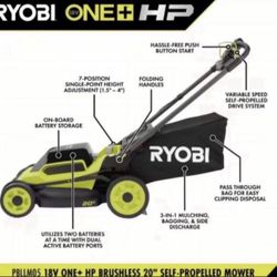 RYOBI ONE+ HP 18V Brushless 20 in. Cordless Battery Walk Behind Self-Propelled Lawn Mower w/ (2) 4.0 Ah Batteries and Chargers