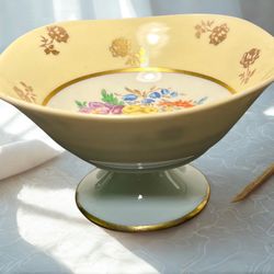 Porcelaines d’Art Limoges France 1950s Yellow Floral Pedestal Bowl, 5.25 x 3 in
