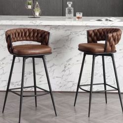 Modern Bar Stools Set of 2, 30" Bar Height Barstools, 180° Swivel Suede Fabric Stool Chairs with Woven Back and Footrest for Kitchen Island, Cafe, Pub