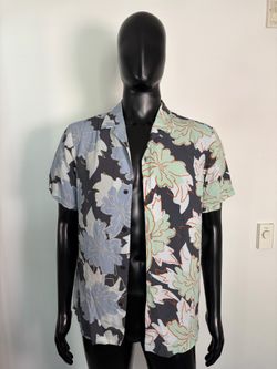 Topman Spliced Floral Hibiscus Viscose Green & Blue Tropical Hawaiian Shirt (Mens Medium)