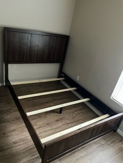 Queen Size Dark Brown Bed Frame & Matching Nightstand