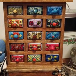 Vintage 15 Drawer Wood And Ceramic Trinket Box 