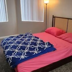 Queen Bed With Headboard, Solid Stand, Mattress Almost New