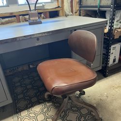 Vintage Tanker Desk, Swivel Desk Chair And lamp