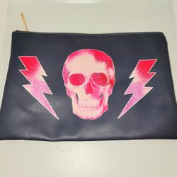 Torrid essentials / makeup bag gray with pink lightning and skull design 