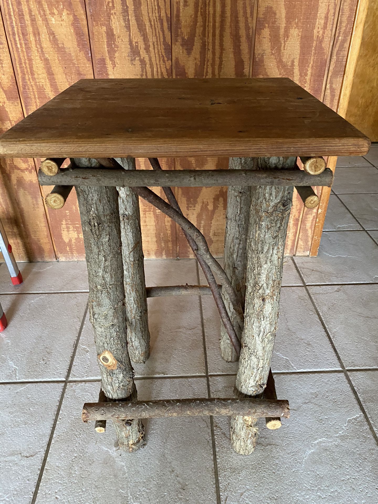Rustic wood table (top is 14x14”) and two wooden shelves