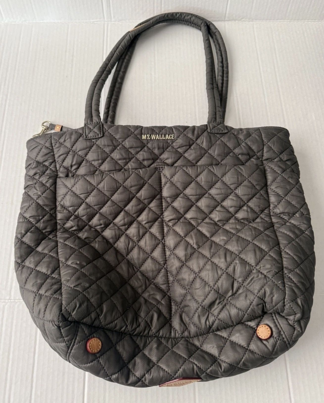 MZ Wallace Medium Metro Quatro Tote Dark Gray Quilted Shoulder Bag Purse Handbag