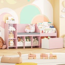 67.3"W Wood Storage Bookcase with Adjustable Shelves