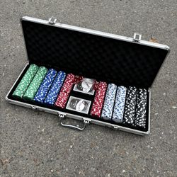 Poker chip set with cards, dice and dealer marker. 