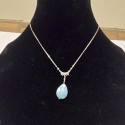 925 Sterling Silver Lariat Necklace With Aqua Color Natural Stone Pendant 19"