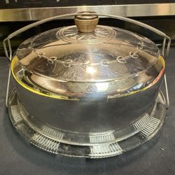 Vintage Mcm 1950S Glass Footed Cake Plate With Aluminum Cake Cover With Wood Knob