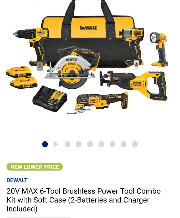 New In Box! Dewalt 20V MAX 6-Tool Brushless Power Tool Combo
Kit with Soft Case (2-Batteries and Charger
Included)