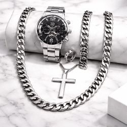 Men’s Luxury Watch & Chain Set – Stainless Steel Jewelry Bundle 🔥