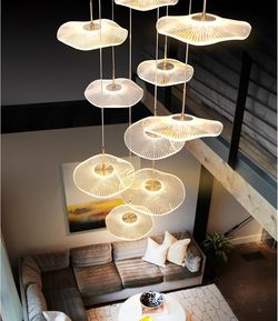 ziidoo High Ceiling Chandelier - 24-Light Dimmable Modern Gold Long Spiral Luxury Linear Lotus Leaf Led Lamp Hanging Pendant Lights for Foyer Enterway