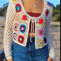 Women’s Crochet Cardigan - Ivory/Multi size M