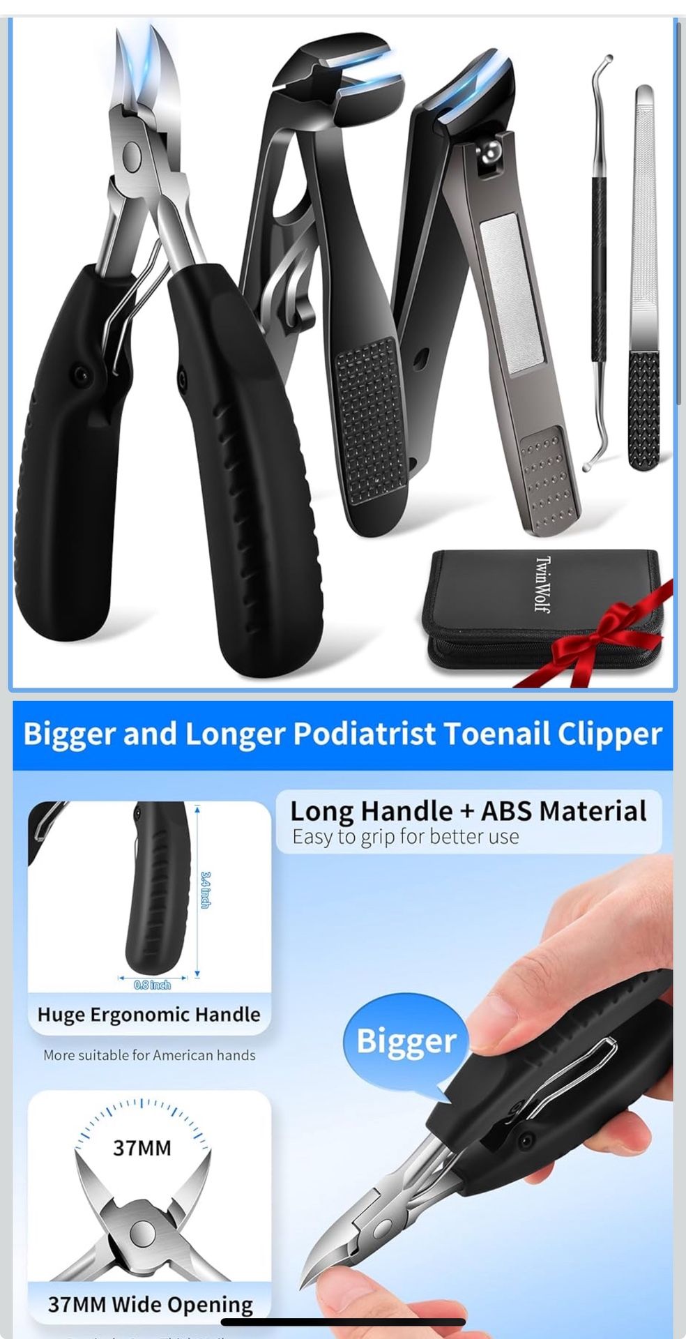 Toenail Clippers for Seniors Thick Ingrown Toenails,Heavy Duty Slanted Curved Blade Cutters for Fingernails, Large Ultra Sharp Nail Clippers Set with 