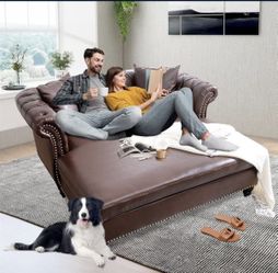 NEW Brown PU Faux Leather 63" Loveseat Chaise Lounge Couch with 2 Pillows, Upholstered PU Leather Loveseat Chaise Sofa 2-Person with Tufted Back