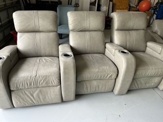 Set of 3 Leather Recliner Theater Seats – Cupholders, Modern