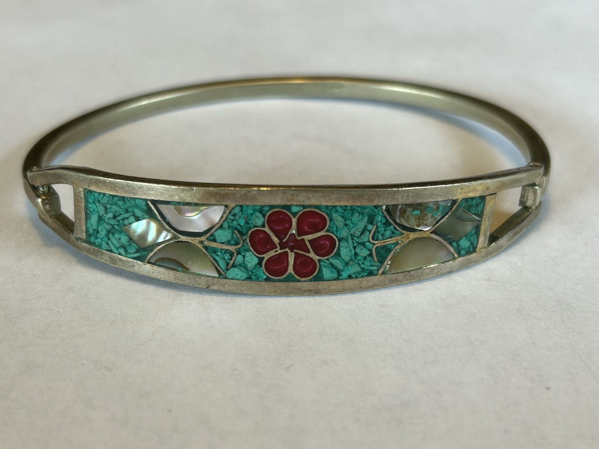 Vintage Sterling Silver Mother Of Pearl Hinged Bracelet Size 8”