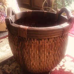 Antique Handwoven Willow And Bamboo Basket 