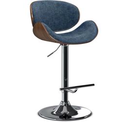 Blue Upholstered Swivel Adjustable Bar Stool with Wood Back Chrome Base