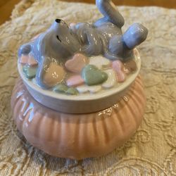 Vintage peach ceramic candy / trinket holder with heart candles and Mouse in top. Signed. 4.5 inch.