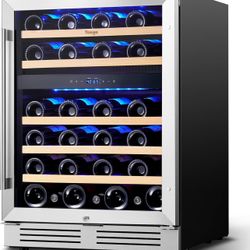 YEG-WD24  Wine Fridge & Cooler - 24 Inch Dual Zone Wine Cooler 47 Bottles, 40-65℉ Wine Refrigerator Glass Door with Safety Lock, Built-in, Under Count