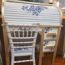 Antique 1940s Children's Teacup Blue & White Roll-Top Desk w/ Chair Vintage Home Décor Girls Room