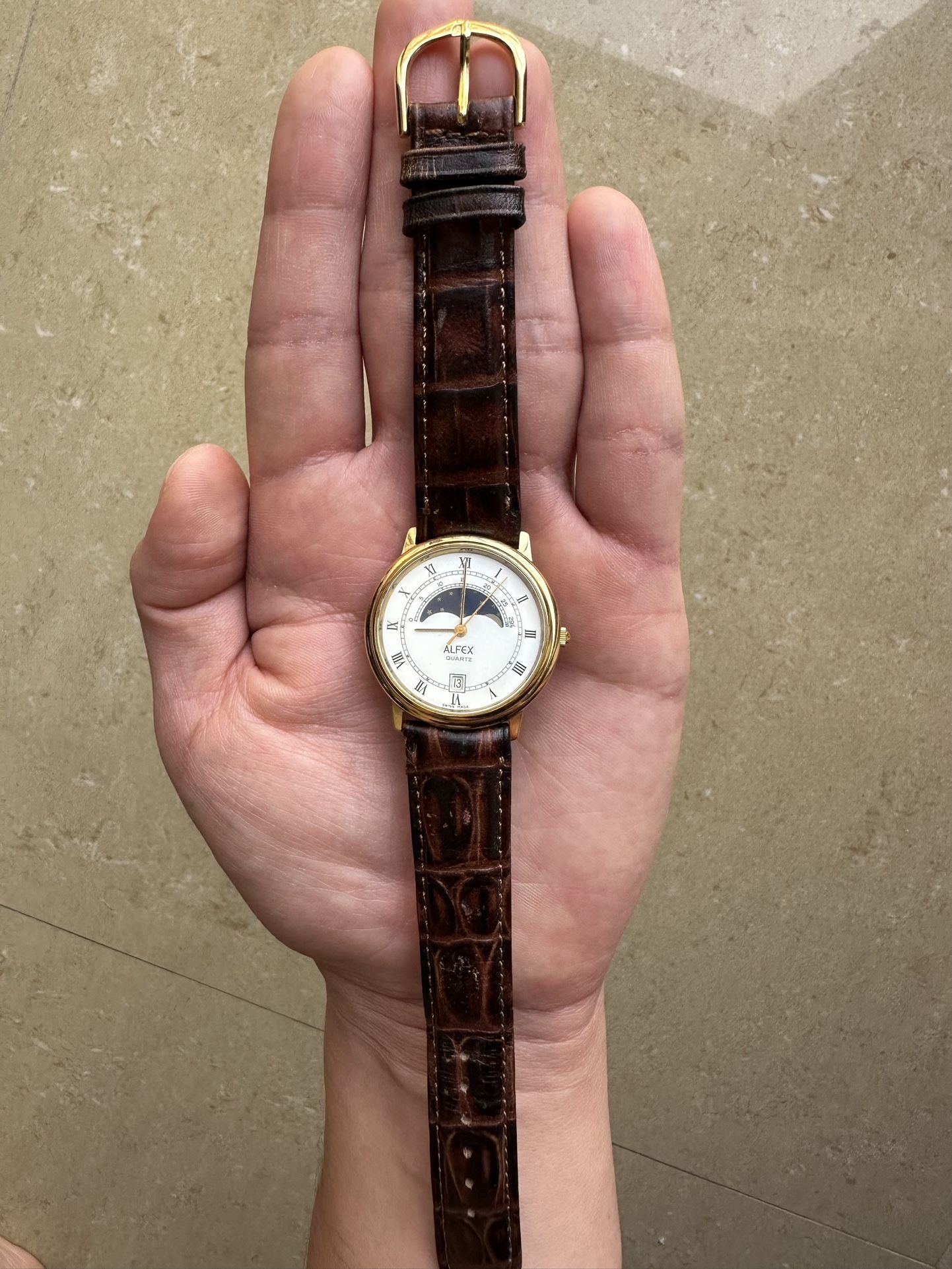 Alfex Watch Vintage Mens Moonphase Swiss Made White Dial 35mm Case