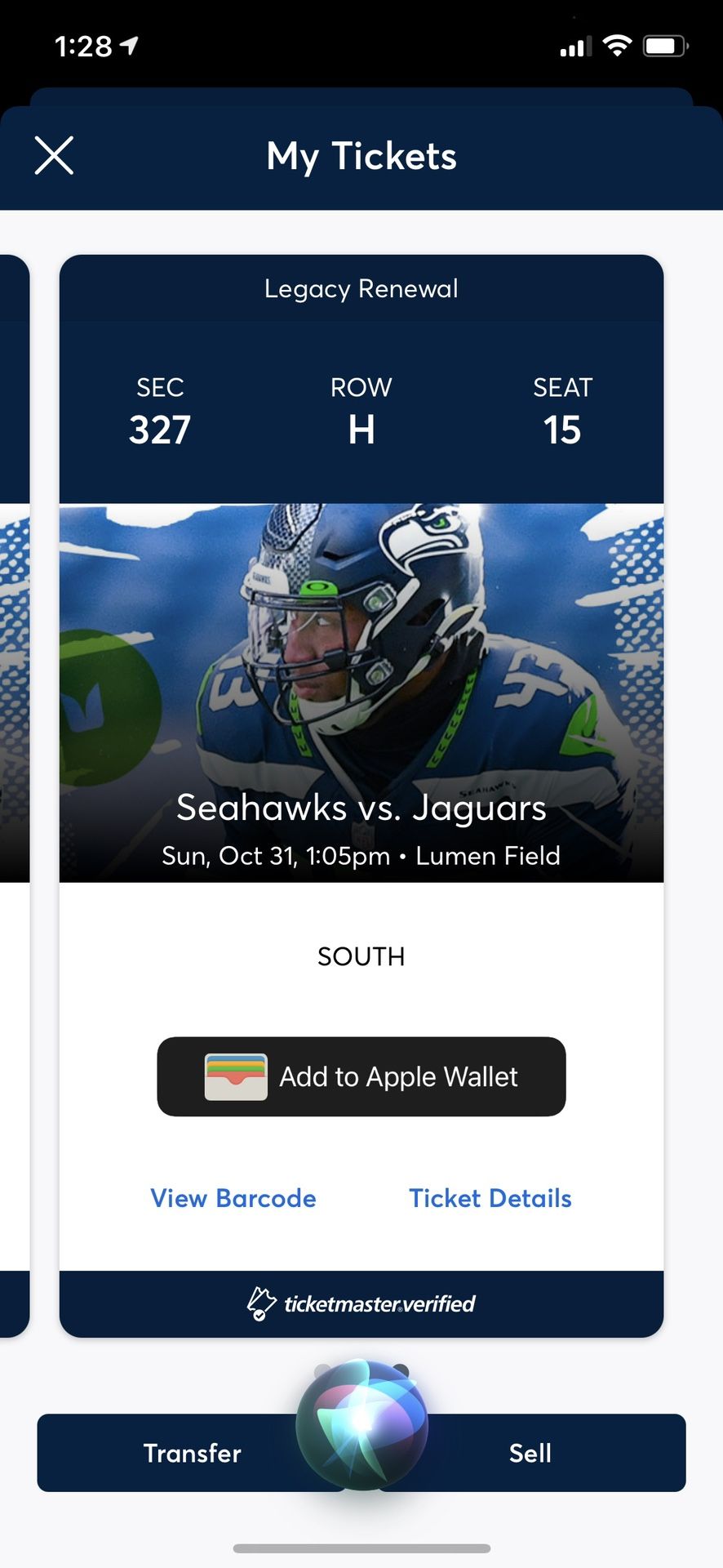 Pair Of Seahawks Vs. Jaguars, Oct 31.  Section 327, Right Over Hawks Tunnel