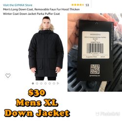 XL Mens long down parka w/faux fur Hood