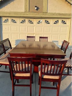 Counter Height Dining Set With Storage Base, 6 Chairs, and Bench