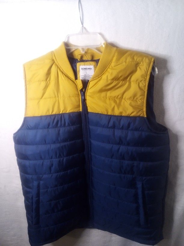 Sonoma Quilted Puffer Vest Men’s L Blue Yellow Sleeveless Lightweight