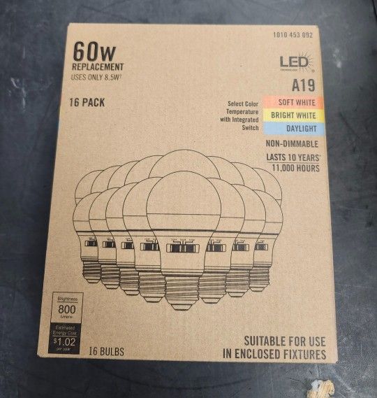 60-Watt Equivalent A19 Non-Dimmable LED Light Bulb 3 CCT (16 Pack)