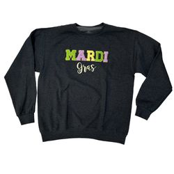 Women Mardi Gras Sweatshirt Chenille Letter Crewneck Fat Tuesday Shirt Pastel L   Get ready for Fat Tuesday with this women's Mardi Gras sweatshirt! F