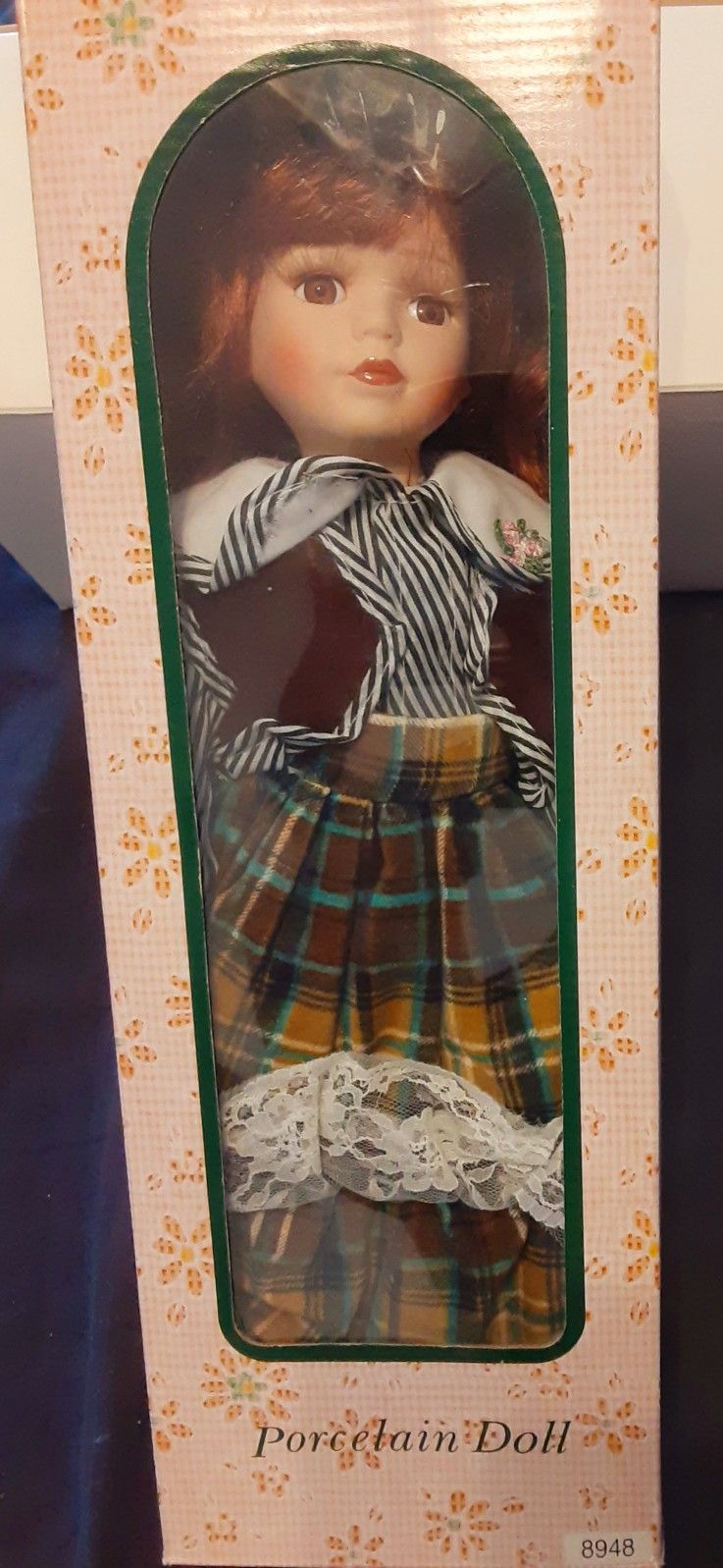 Kunsthandwerk Topline Austria, Porcelain Doll,  15in Tall, Plaid , Blue & White.