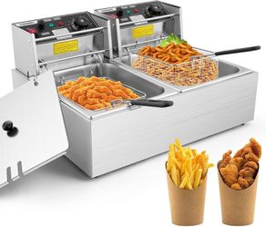 Hopekings Commercial Deep Fryer, 20.7QT with 2 x 6.35QT Baskets Stainless Steel Countertop Oil Fryer with Temperature Limiter and Over Current Protect