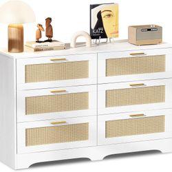 White Rattan Dresser for Bedroom, 6 Drawer Dresser with Golden Handles, Wood Storage Chest of Drawers for Closet, Living Room, Hallway and Entryway - 
