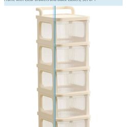 Plastic Storage Drawer Cart, Medium Home Organization Storage Container with 5 Large Drawers w/Removeable Wheels, White Frame with Clear Drawers and B