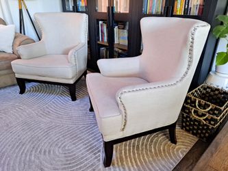 Two Accent Chairs, Beige and Dark Wood